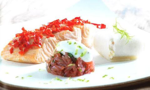 Oud en nieuw menu: hoofdgerecht,Schotse zalm met rode peper en grapefruit-chutney